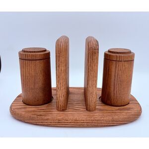 Vintage 70s Retro Kitchen Salt Pepper Napkin Holder Oak SET